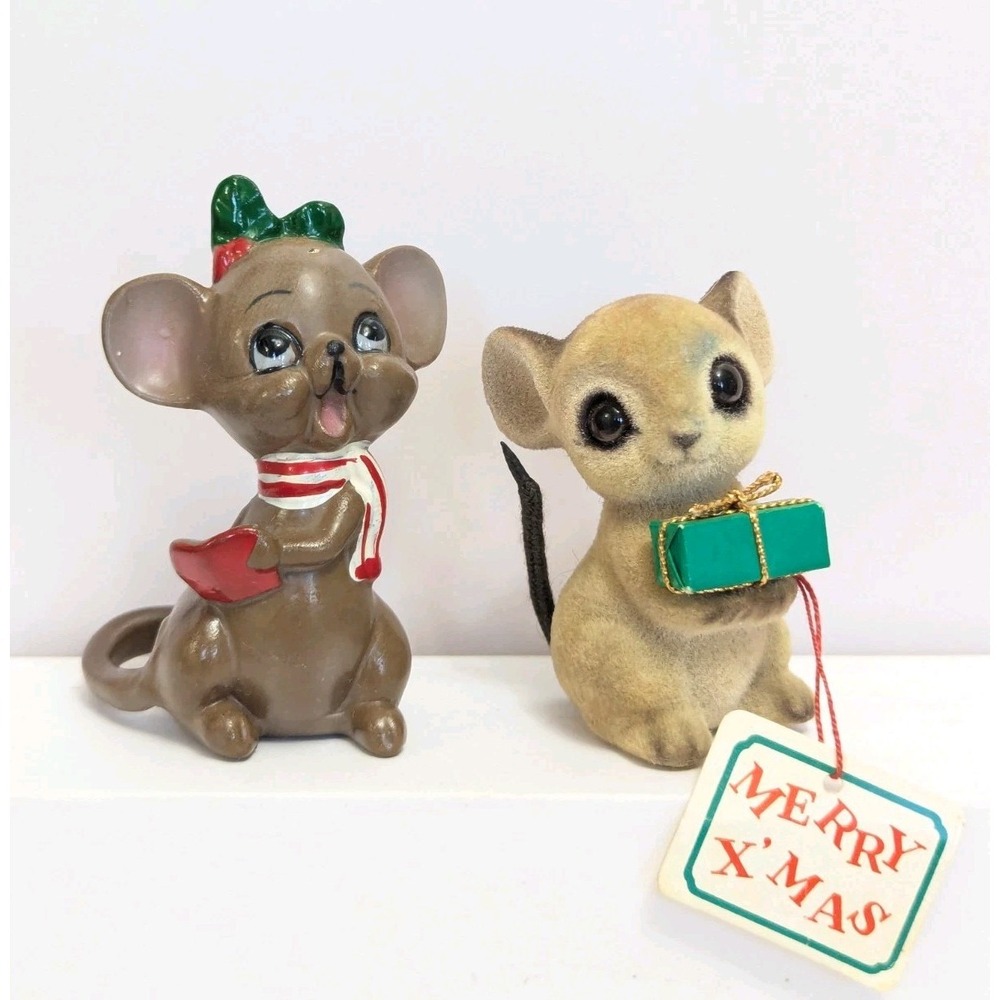 Vtg Josef Originals Christmas Mouse Figurine Set Flocked Ceramic MCM Korea Japan